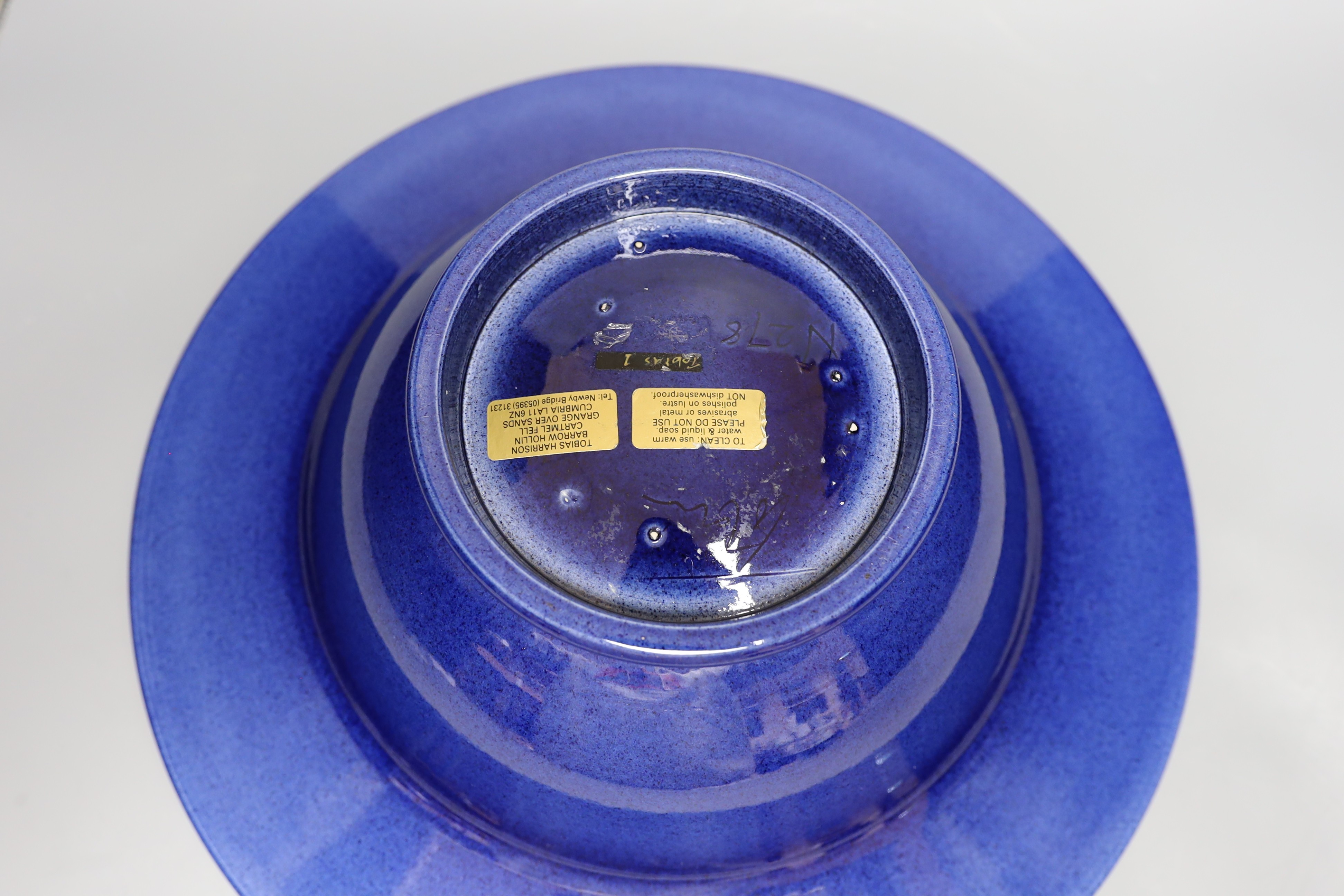 A Tobias Harrison Cumbrian studio pottery blue lustre glazed centre piece bowl, 43 cms diameter